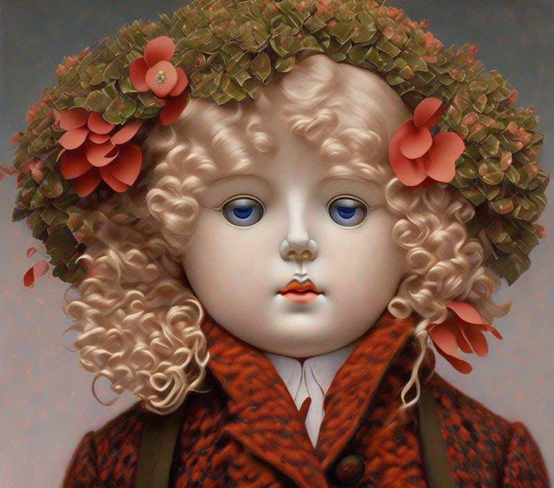 Blue-eyed doll with curly hair, green plant, red flowers, houndstooth coat