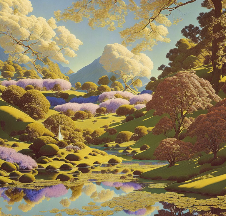 Tranquil landscape with yellow trees, purple bushes, river, and mountain