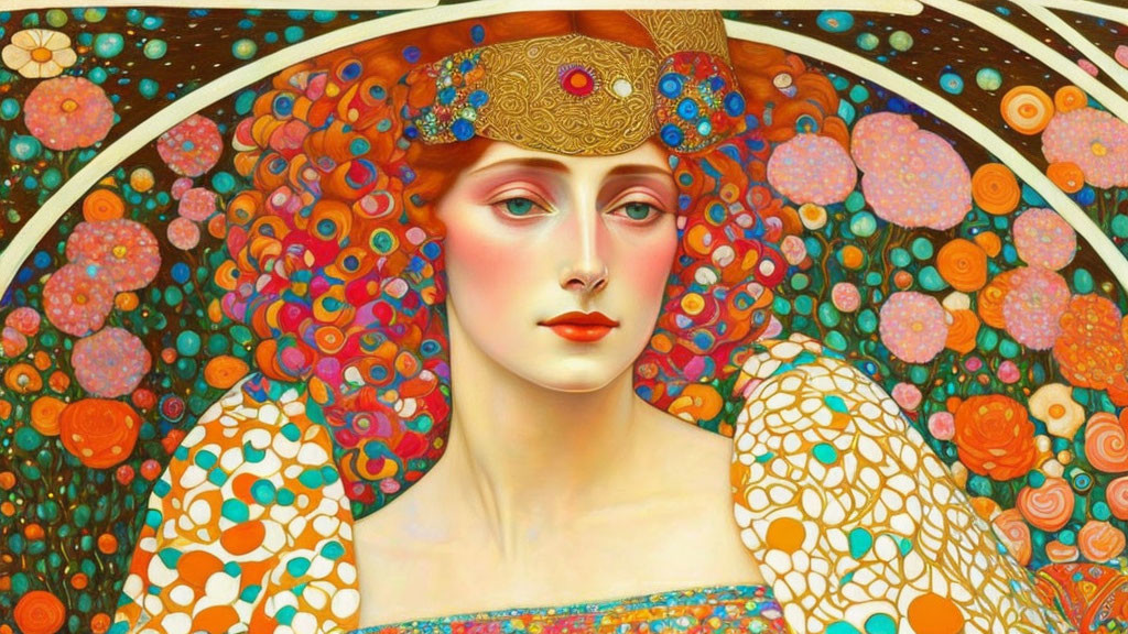 Stylized portrait of woman with golden headpiece in vibrant, warm hues