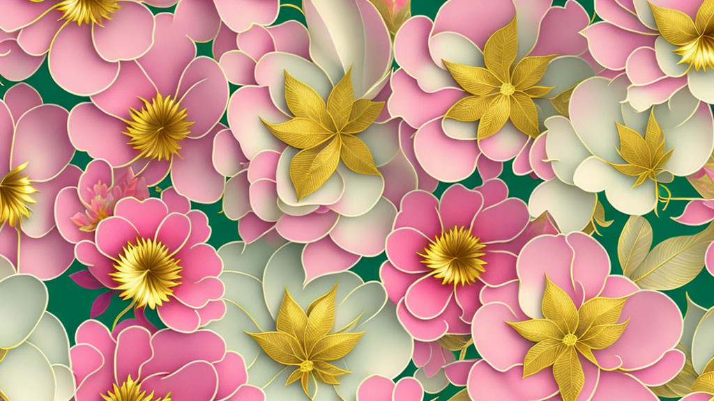 Detailed 3D floral pattern: pink lotus & golden flowers on dark green background