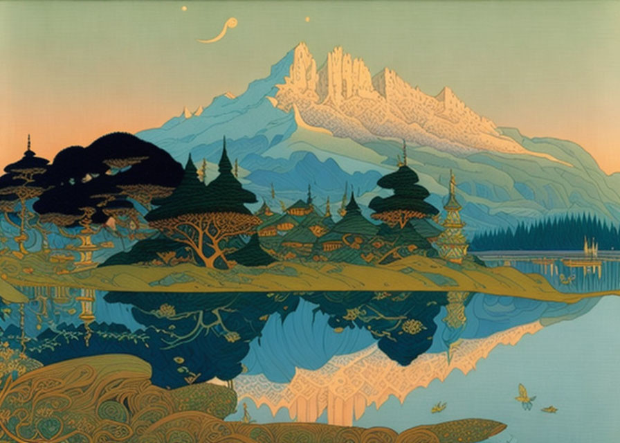 Tranquil landscape: mountains, lake, architecture, trees, crescent moon in gradient sky