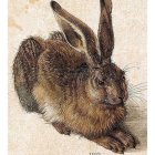 Realistic brown rabbit illustration with long ears and bright eyes on cream background