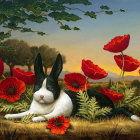 Two rabbits in red poppies with bird on branch