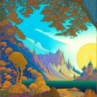 Colorful Quilted Artwork of Stylized Landscape with Tree and River