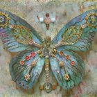 Colorful digital artwork featuring a large, fantastical butterfly among smaller butterflies on a textured gray background