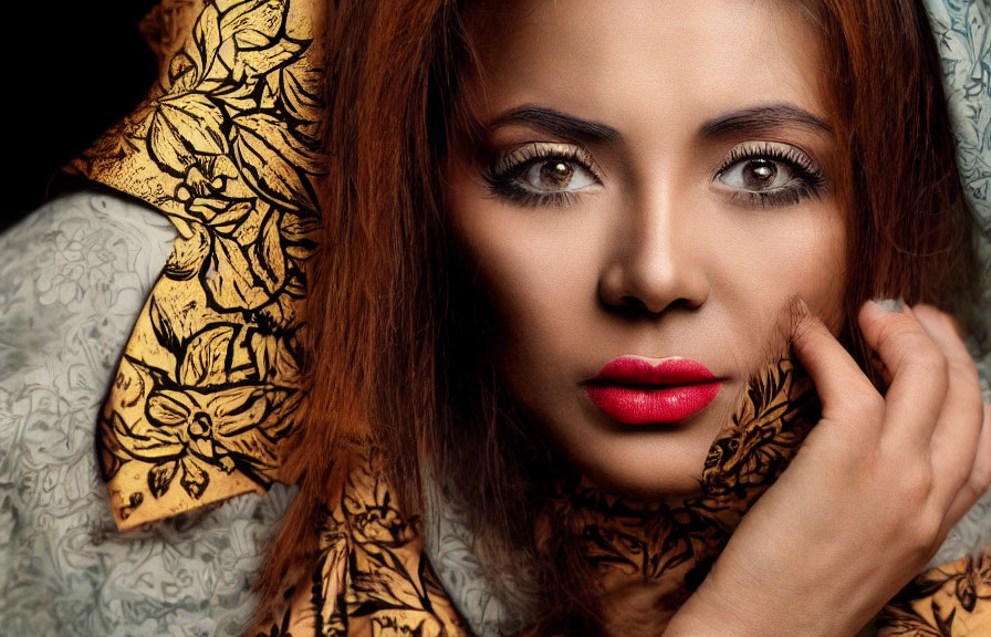 Woman with Hazel Eyes and Red Lipstick in Golden Shawl gazing left