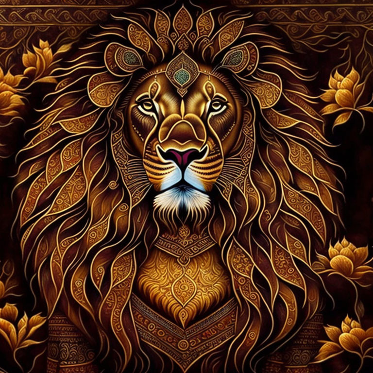 Ornate Lion Artwork with Rich Gold and Brown Palette