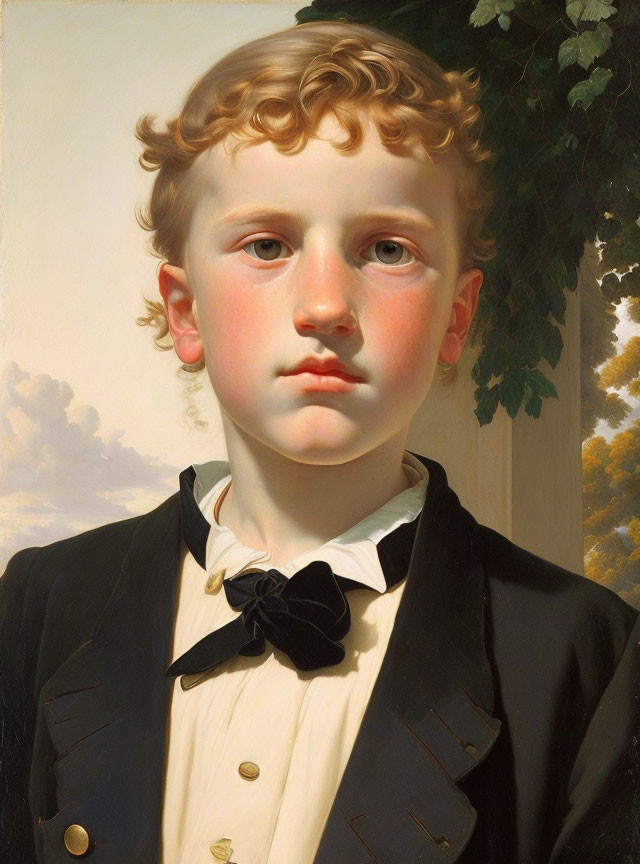 Young boy portrait in black suit with bow tie and curly hair, set against foliage.