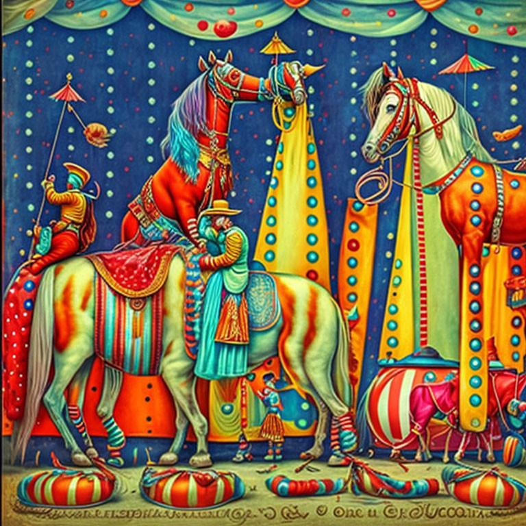 Colorful Circus Scene: Performer with Marionette on Prancing Horse