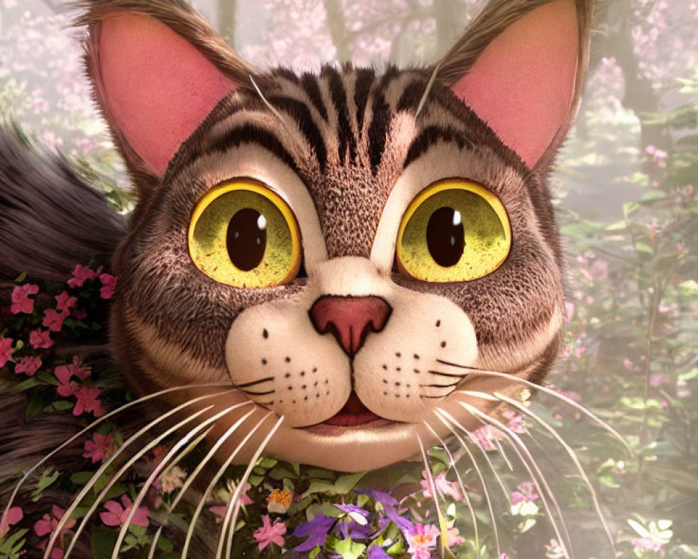 Striped Fur Animated Cat with Yellow Eyes Peeking Through Purple Flowers