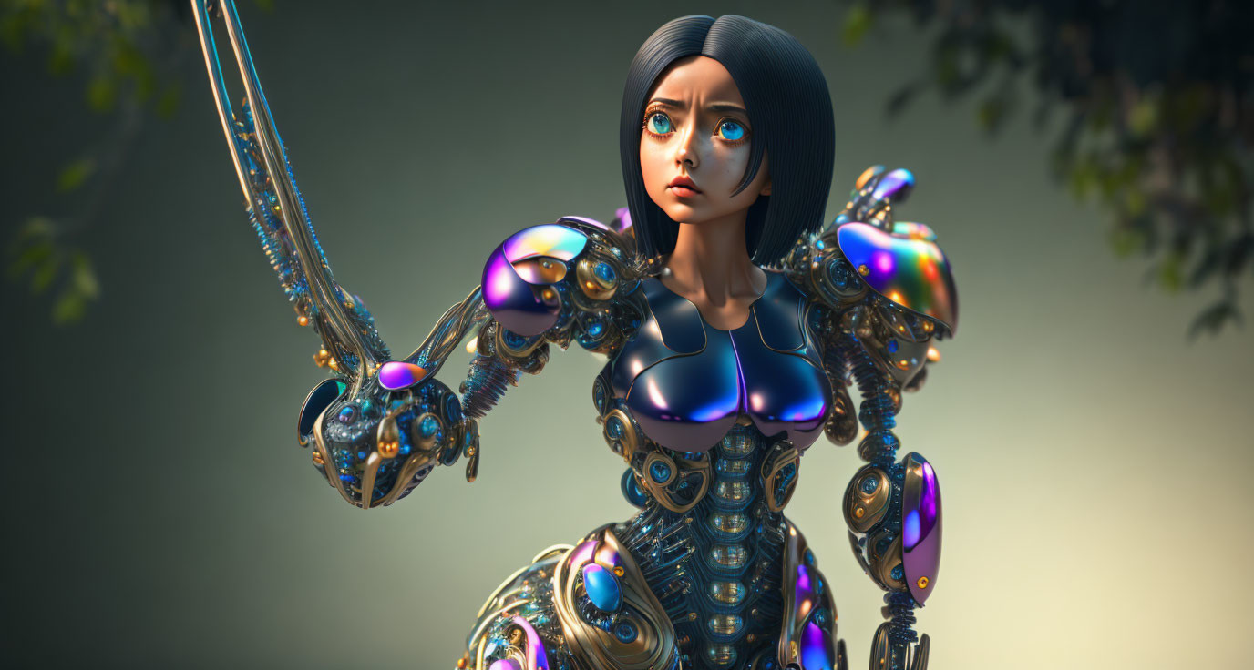 Female robot 3D illustration with blue eyes, black hair, sword, intricate metallic and purple armor