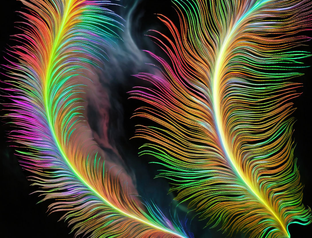 Colorful Neon-Like Feathers on Black Background