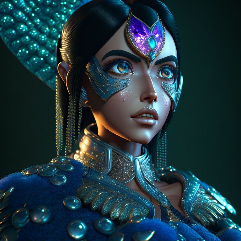 Futuristic woman in blue armor with gem headpiece on dark background