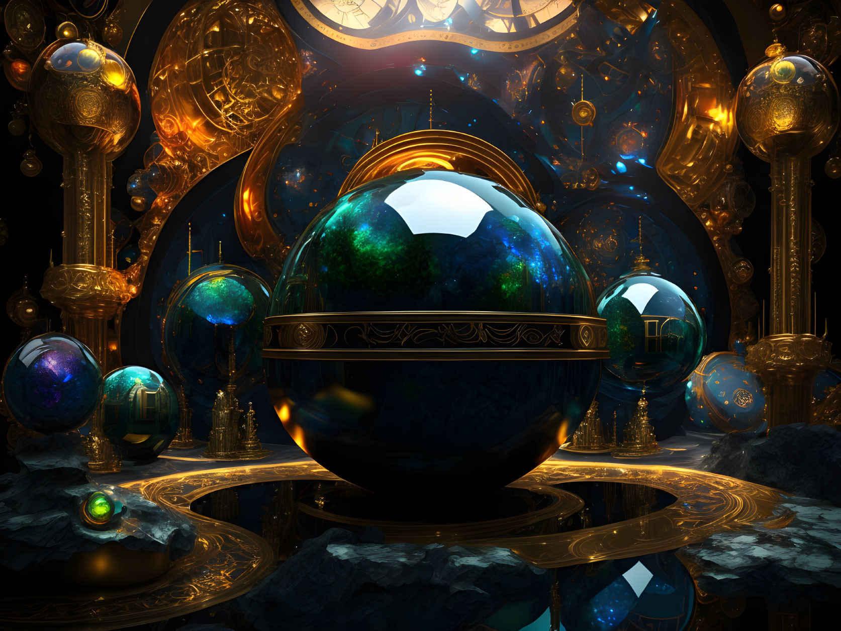 Ornate celestial spheres and intricate clockwork in a mysterious setting