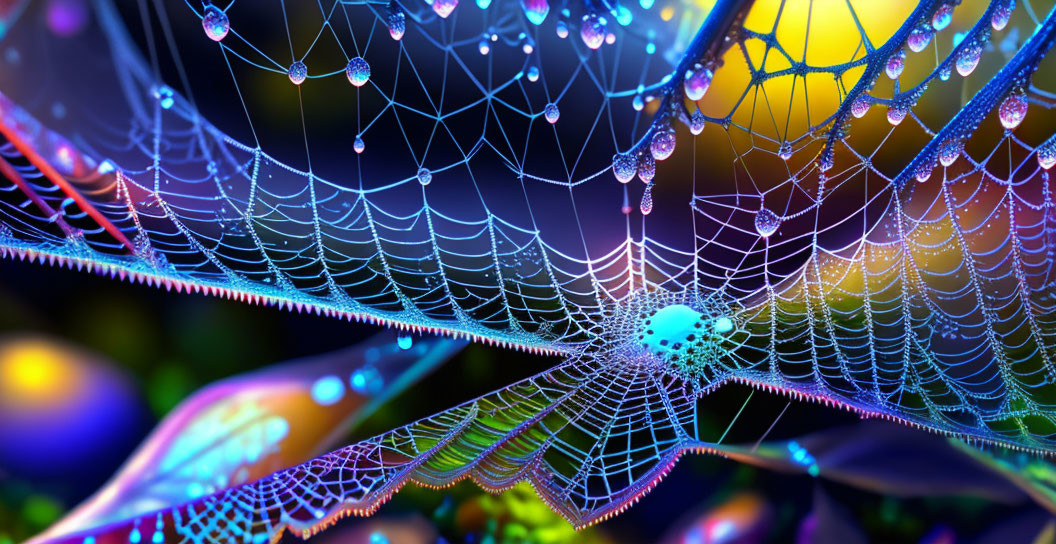 Colorful Light Illuminates Dewy Spider Web Pattern