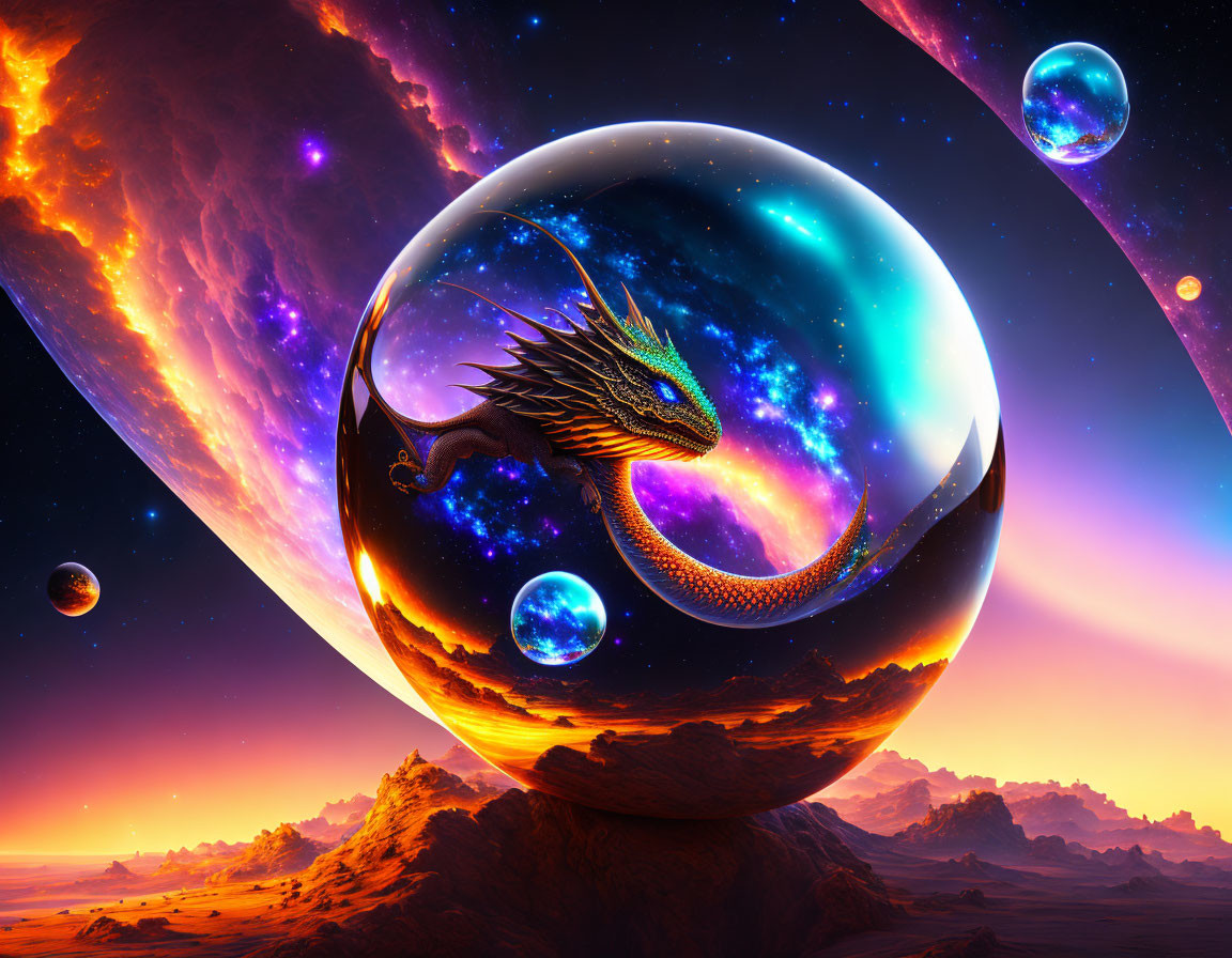 Fantastical dragon with cosmic scenery on reflective sphere