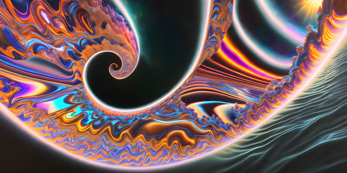 Vibrant Orange, Blue, and Purple Fractal Art with Swirling Patterns