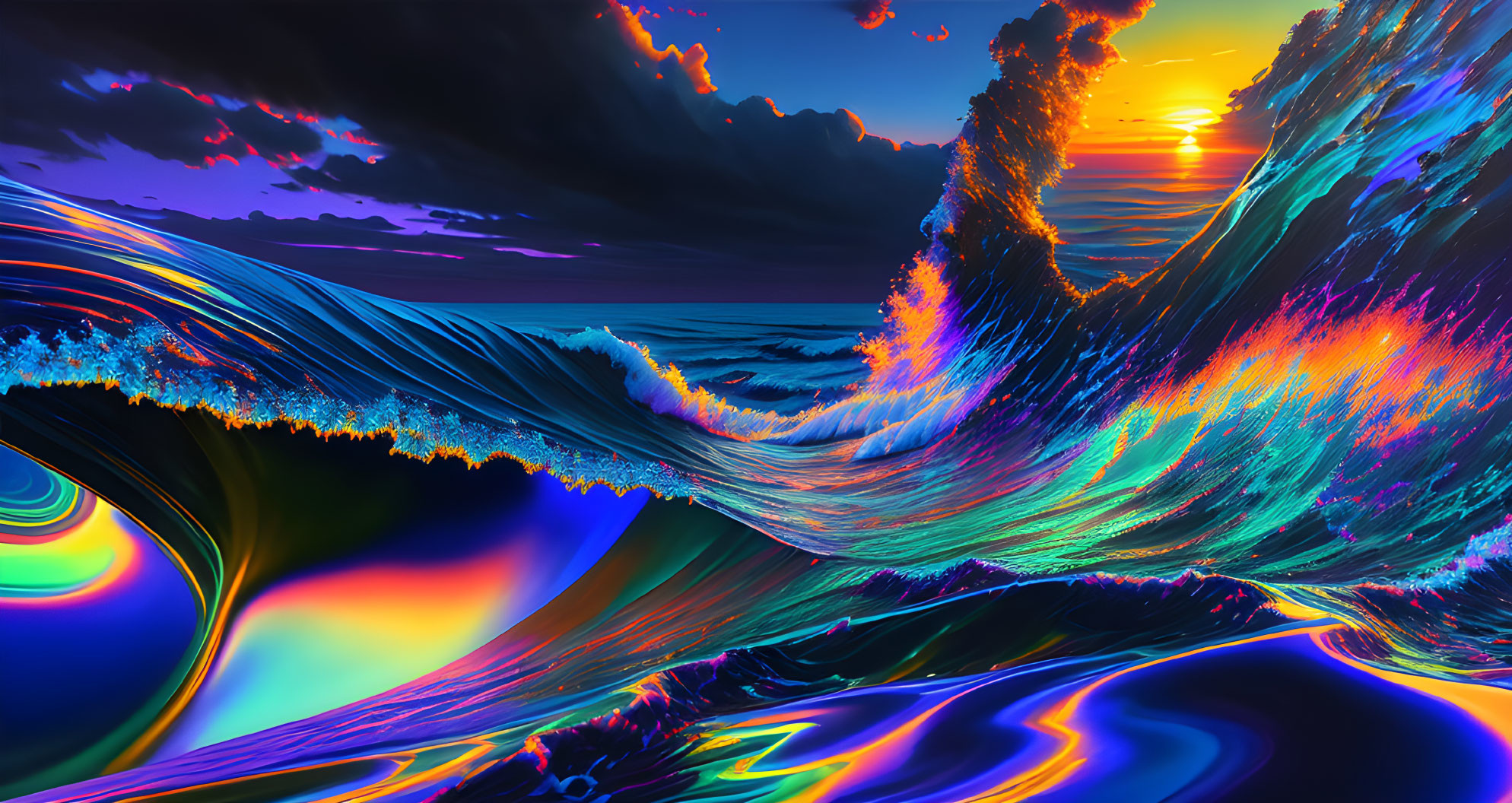 Surreal multicolored waves digital artwork with neon colors