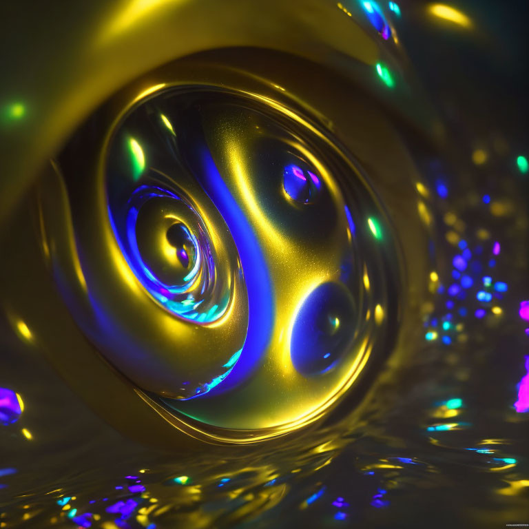 Reflective Golden Surface with Spiral Design and Colorful Lights