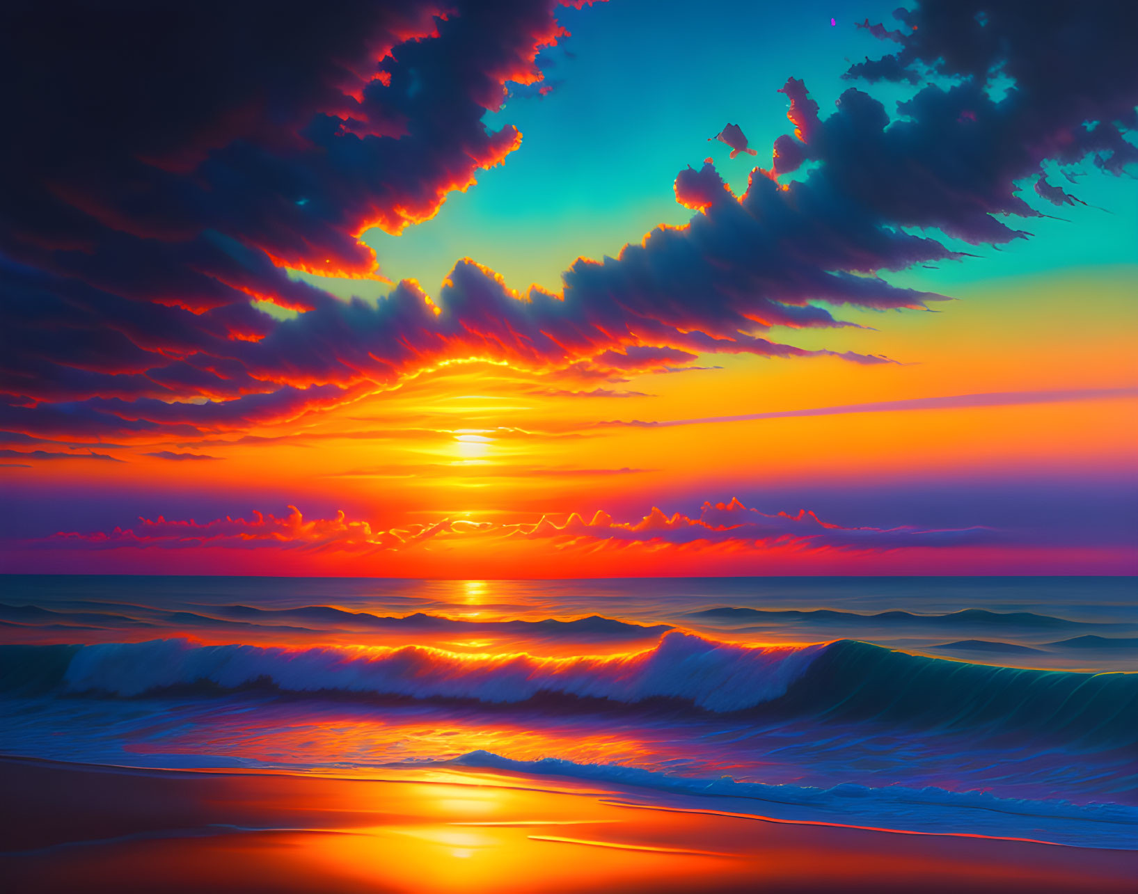 Scenic ocean sunset with radiant clouds and gentle waves