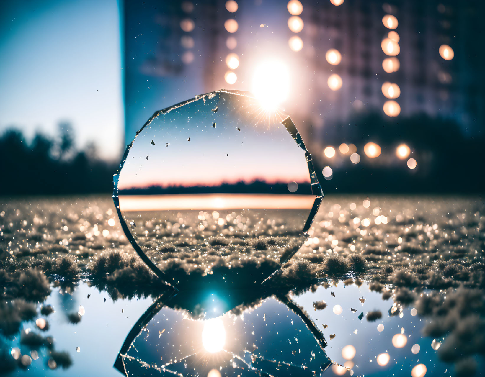 Shattered mirror reflecting sun, trees, and buildings on frost-covered surface