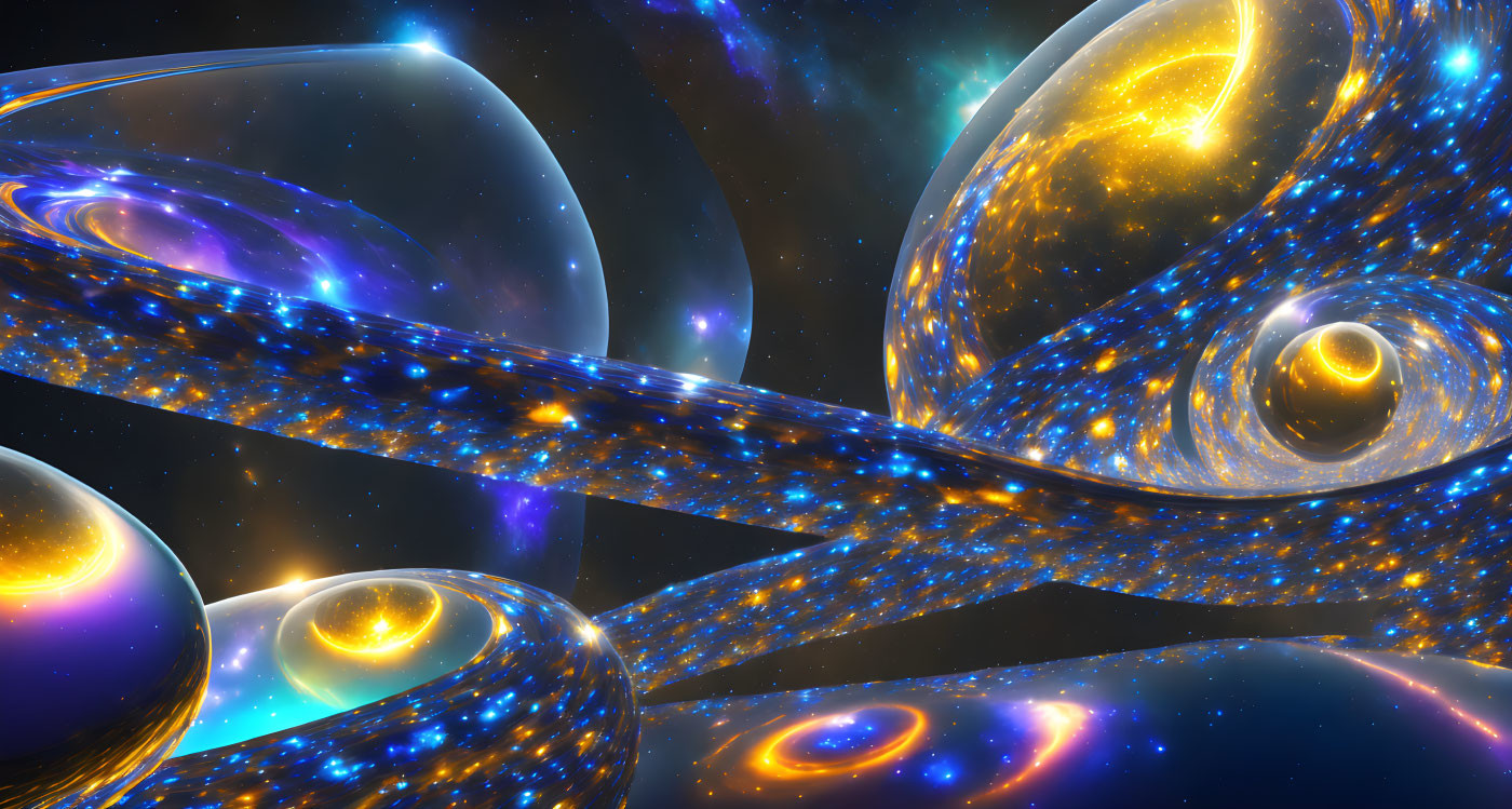 Cosmic digital art: swirling galaxies, stars, celestial bodies on blue backdrop