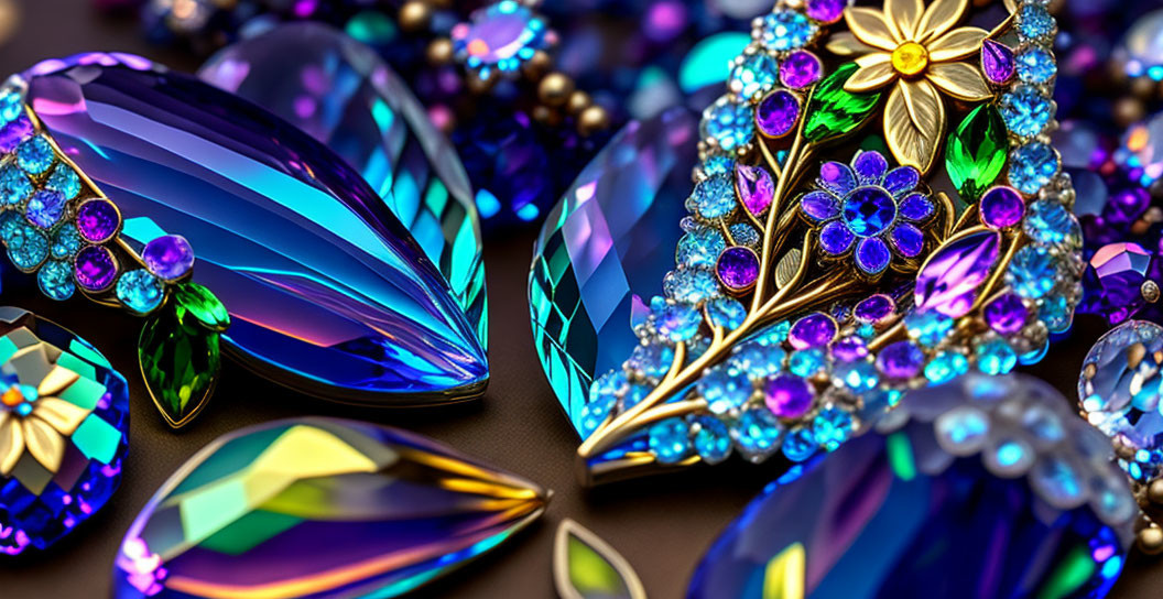 Colorful Gemstones and Jeweled Ornaments on Dark Surface