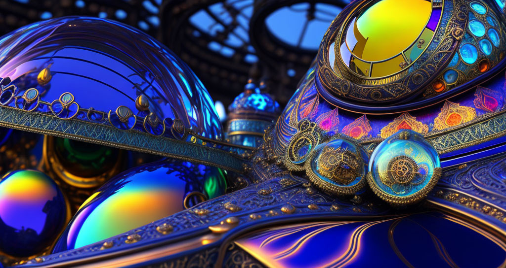 Intricate 3D metallic structures with blue and gold hues