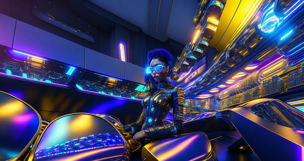 Futuristic woman in sci-fi setting with neon lights