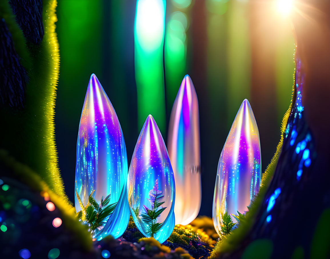 Luminescent crystal-like structures in enchanted forest scene