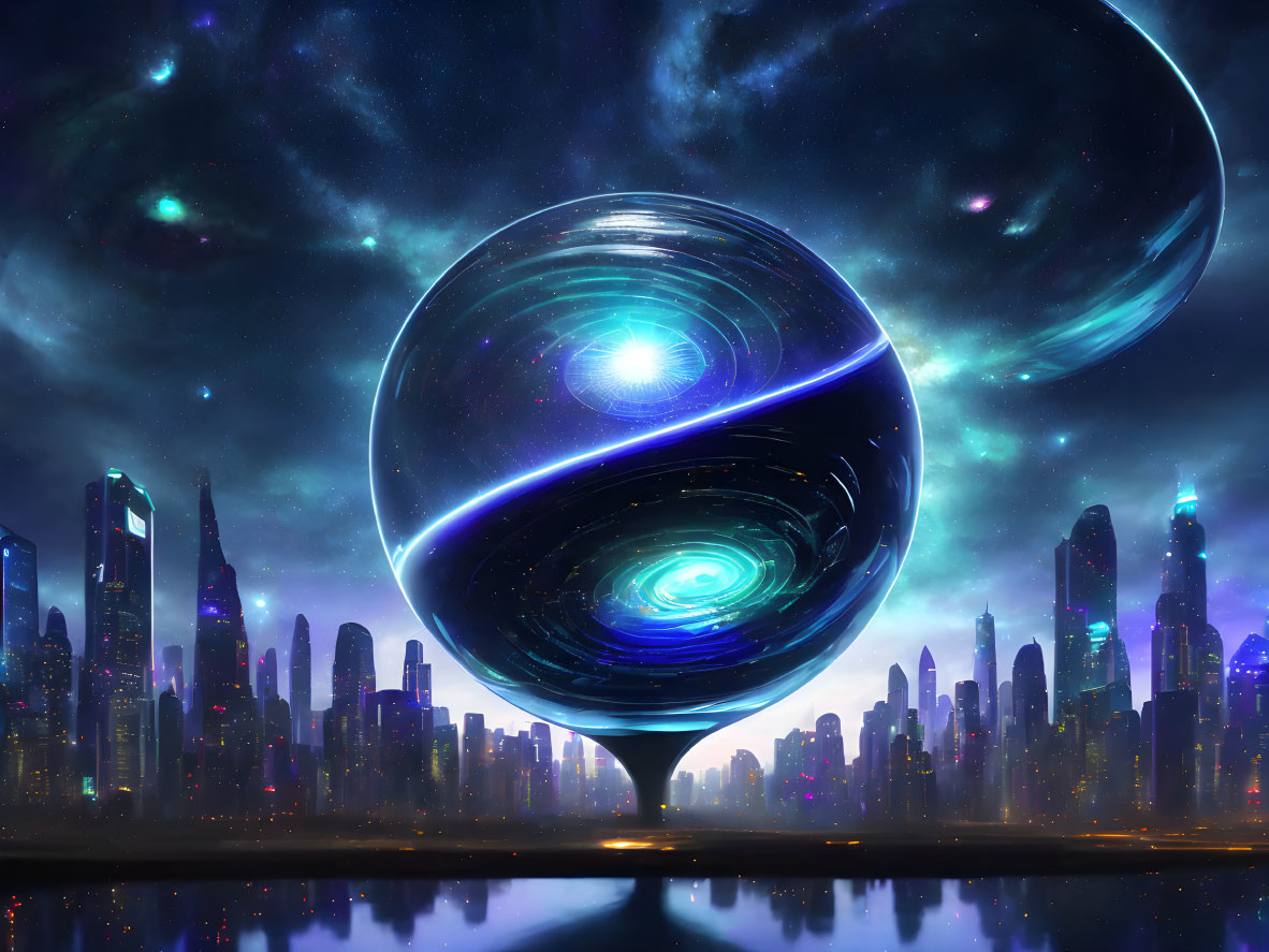 Futuristic cityscape with reflective surfaces and celestial orbs in night sky.