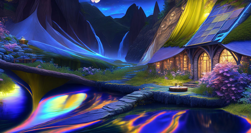 Fantasy landscape with solar-paneled cottage, river, waterfalls, flora, mountains, starry