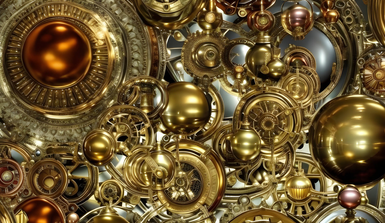 Metallic spheres and golden mechanical gears in intricate steampunk design