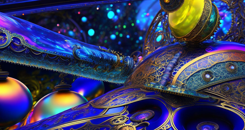 Intricate Blue and Gold Fractal Art with Metallic Textures