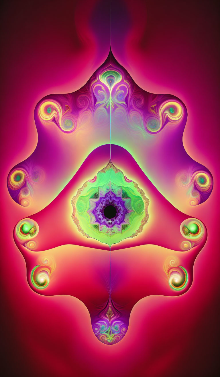 Symmetrical fractal art with vibrant purple, pink, green, and yellow colors