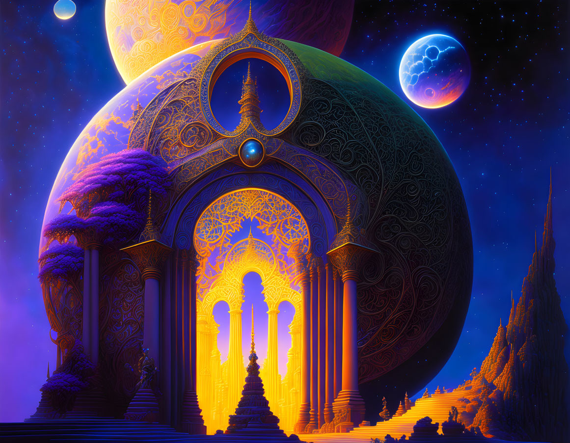 Fantasy landscape with glowing structures under multiple moons