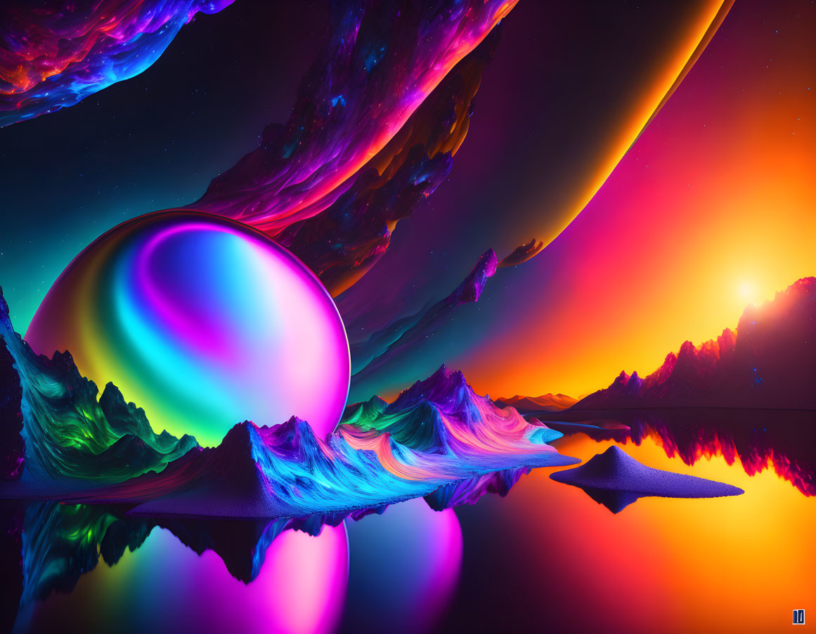 Surreal neon landscape: otherworldly mountains, glossy orb, cosmic sky