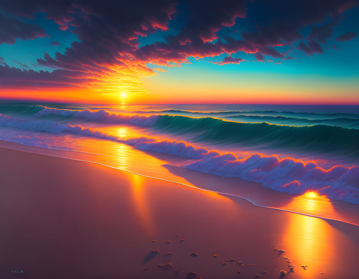 Vibrant ocean sunset with orange and red hues reflected on rolling waves