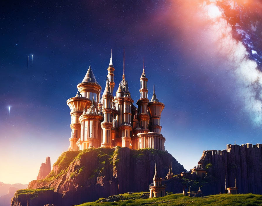 Fantastical castle with soaring spires on rugged cliff at sunset