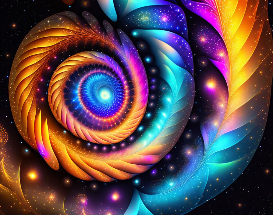 Colorful Fractal Pattern in Blue, Gold, and Orange on Cosmic Background