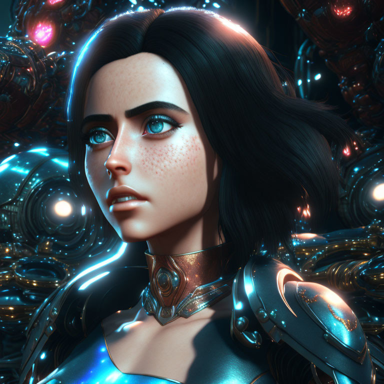 Female character with dark hair and blue eyes in futuristic armor amidst intricate machinery