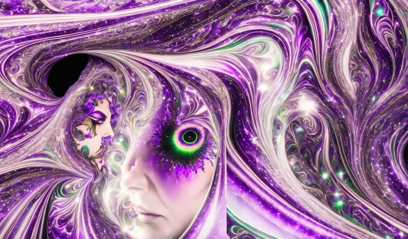 Digital Artwork: Female Face Blended with Purple Fractal Pattern, Peacock Feather Eye Design