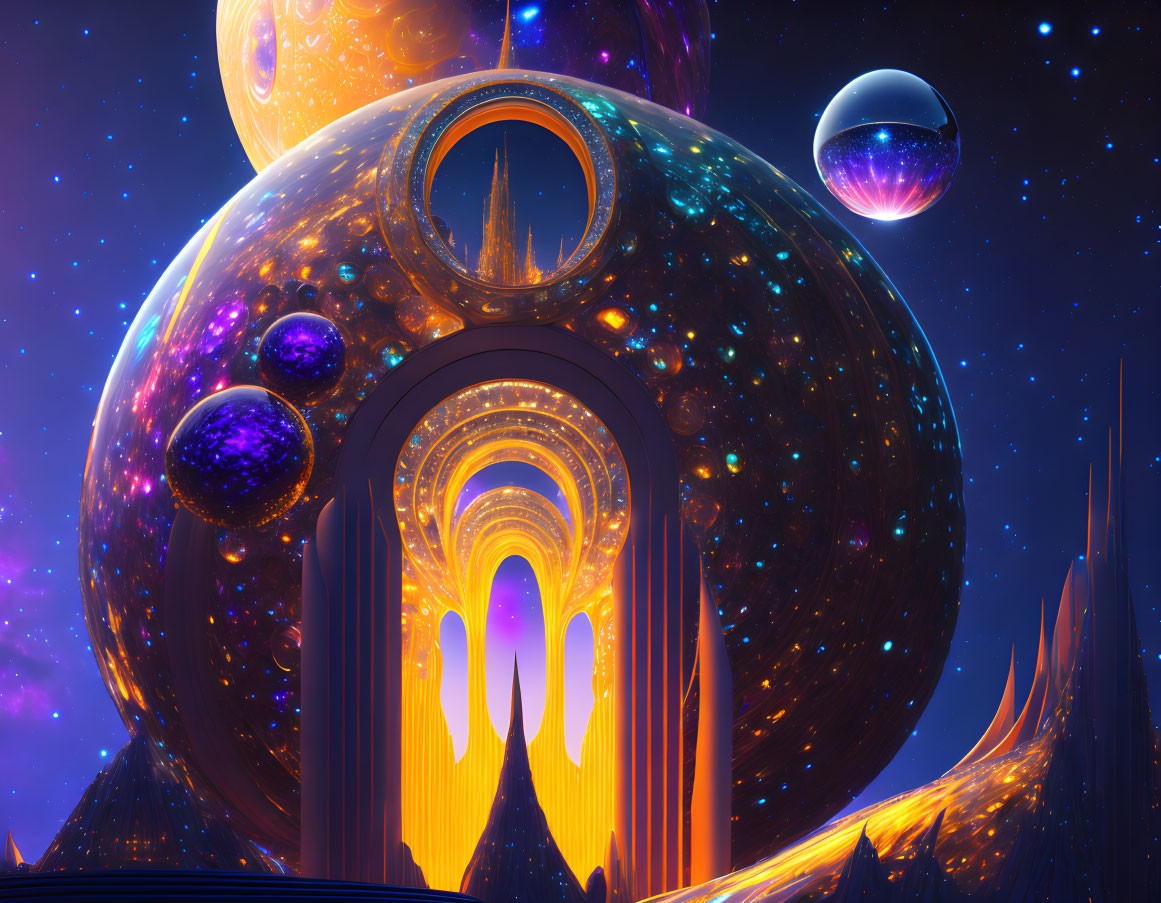 Futuristic cosmic landscape with glowing orbs and planets in purple sky