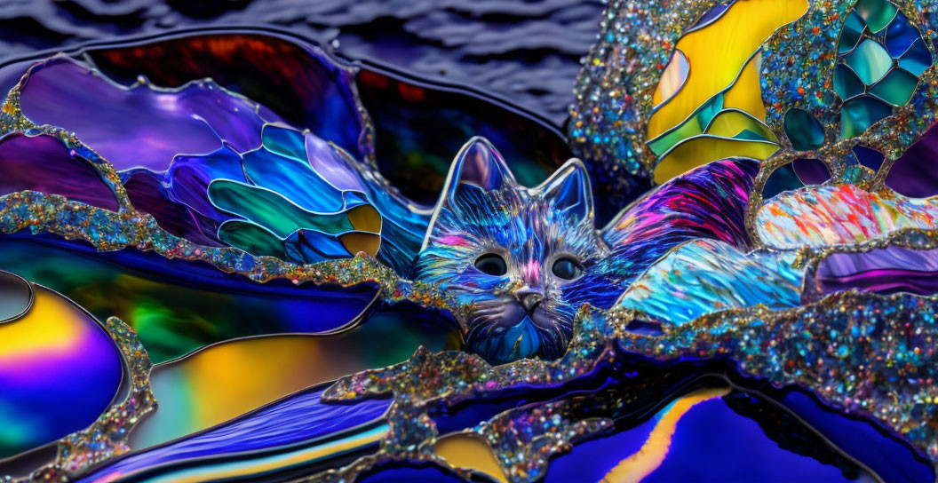 Colorful Fractal-Like Pattern with Stylized Cat on Psychedelic Background