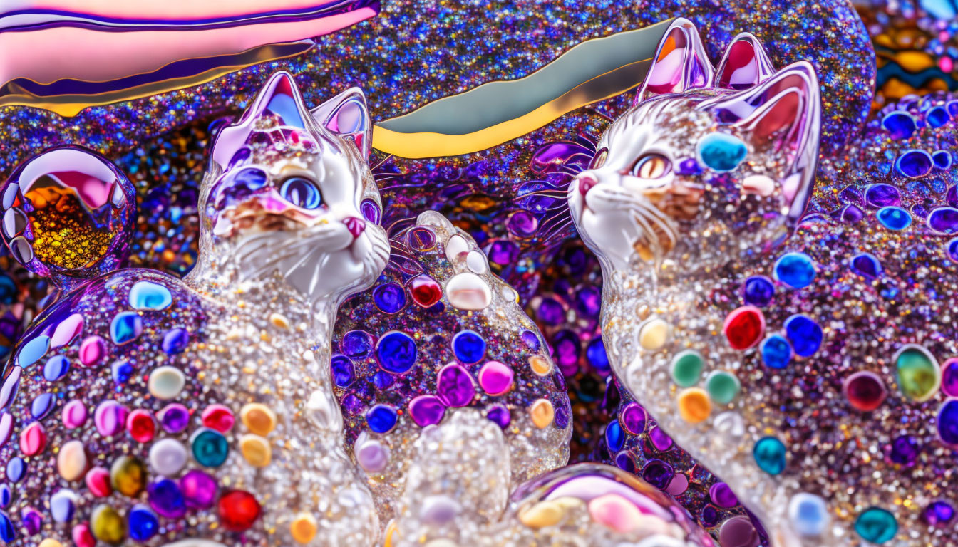 Jewel-encrusted cat sculptures in colorful, glittering setting