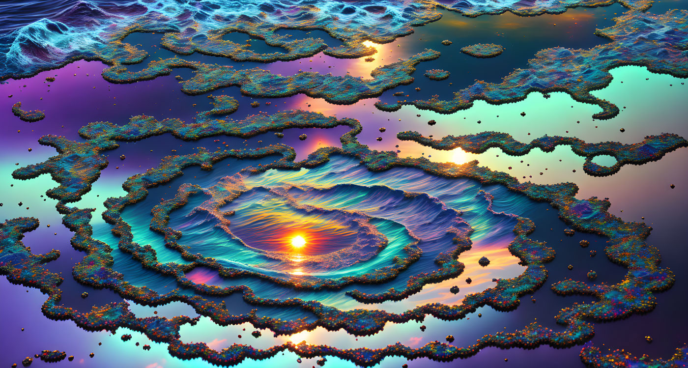 Colorful Fractal Landscape with Spiraling Patterns in Psychedelic Ocean Scene