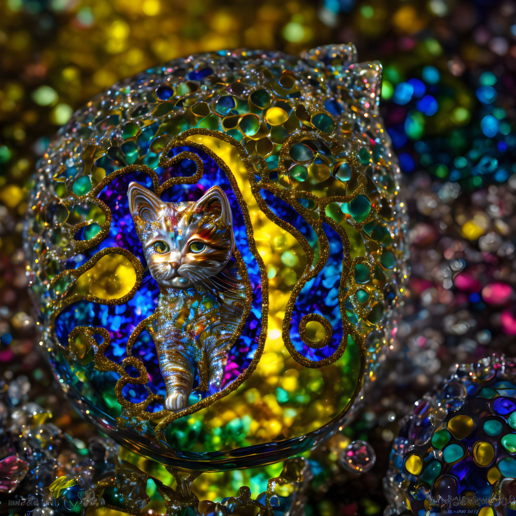 Iridescent soap bubble with kitten in sparkling bokeh