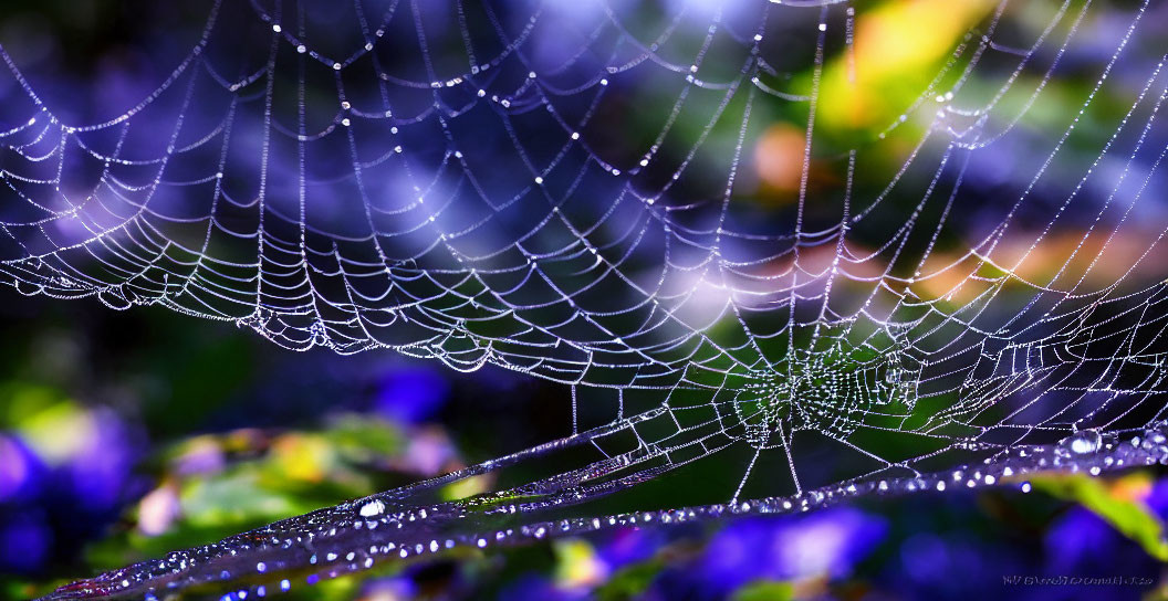 Dew-covered spiderweb among purple flowers and green foliage