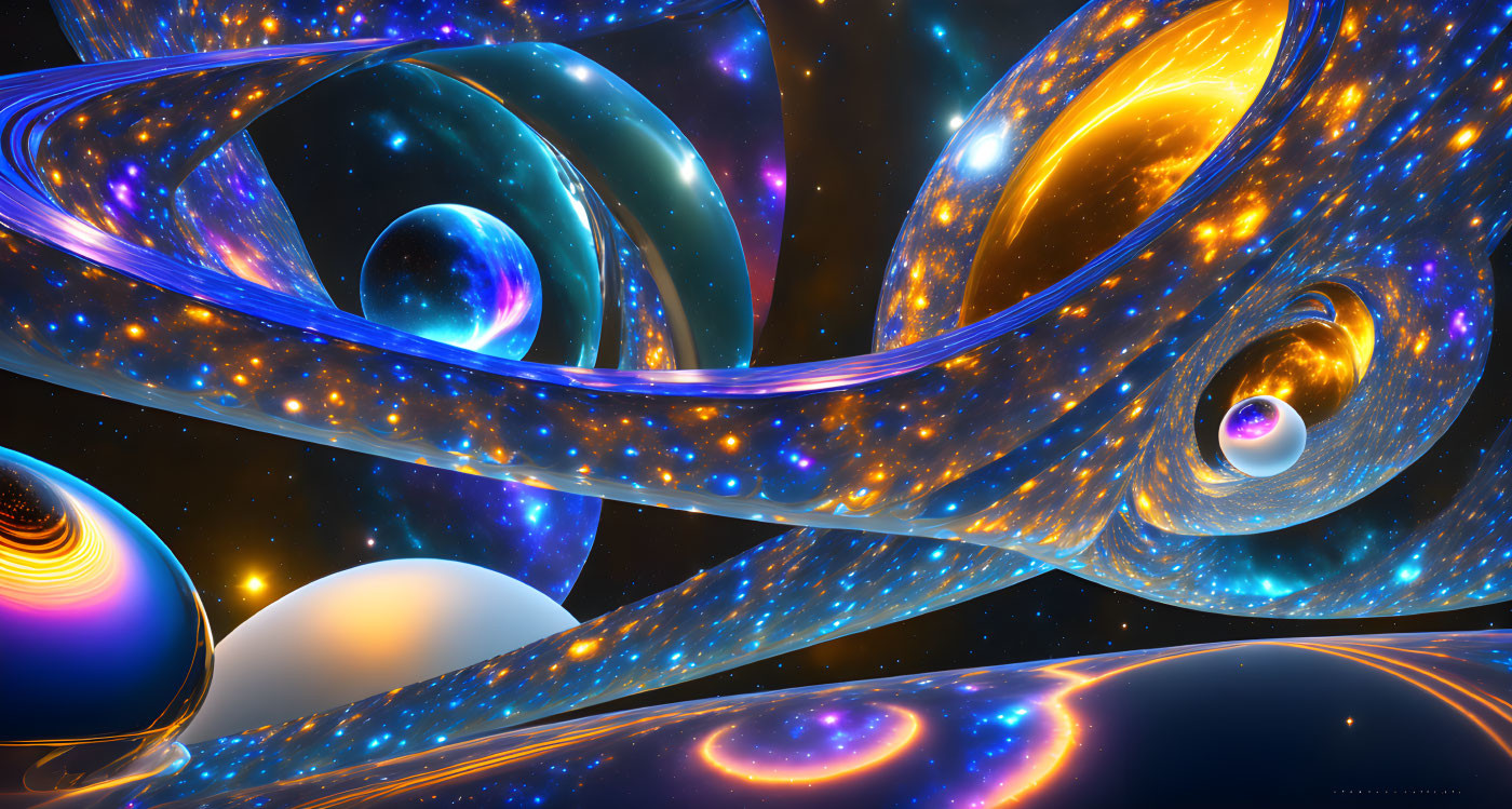 Colorful Digital Art: Swirling Galaxies and Celestial Bodies in Cosmic Dance