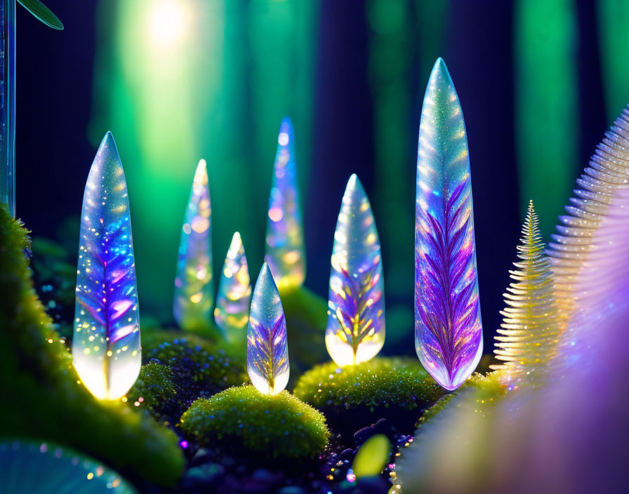 Mystical forest with glowing crystal-like structures and vibrant green moss